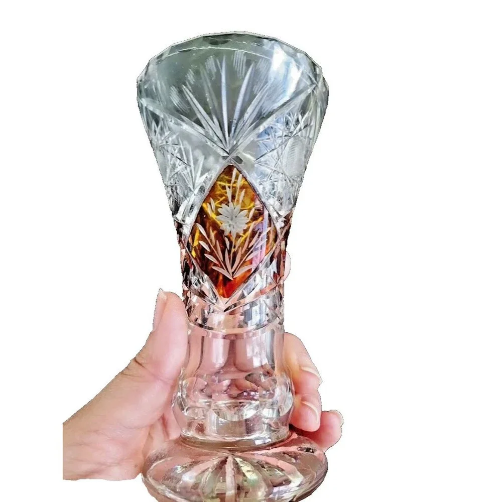 Vintage Amber Cut to Clear Crystal Footed Vase Engraved Floral Bohemian 6.5